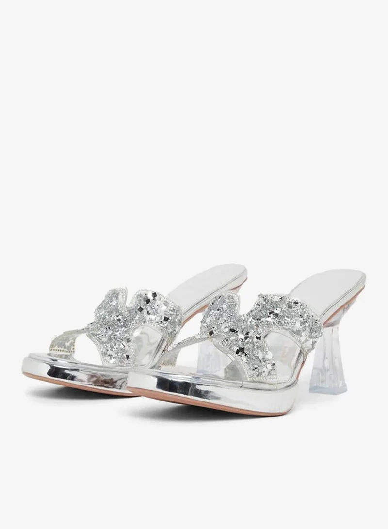 Embellished Transparent Block Heel Sandals Silver