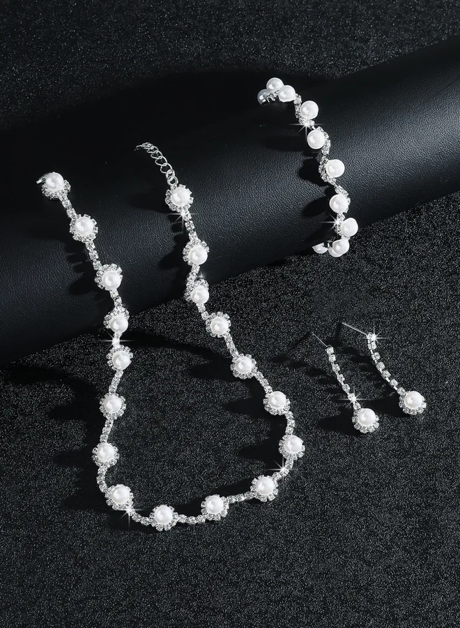 Faux Pearl Rhinestone Necklace with Bracelet and Earrings et
