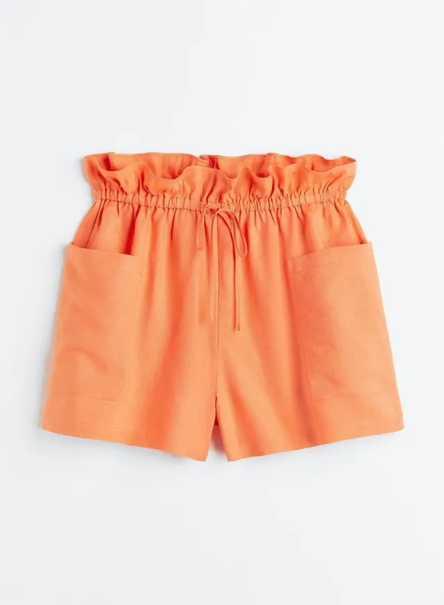 Orange Viscose Blend High-Waist Paperbag Shorts with Side Pockets – image 4