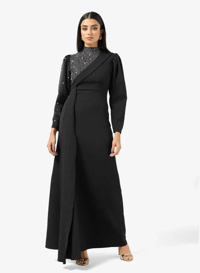 Black Maxi Dress with Embellished Bodice and Waist Trail – image 4
