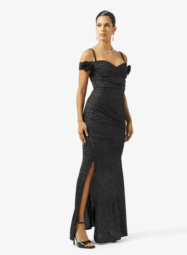 Blue Maxi Bodycon Evening Dress with Off-Shoulder Detail – image 4