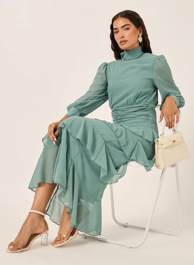 Styli Puff Sleeve Ruffled Tiered Maxi Dress Seafoam Green