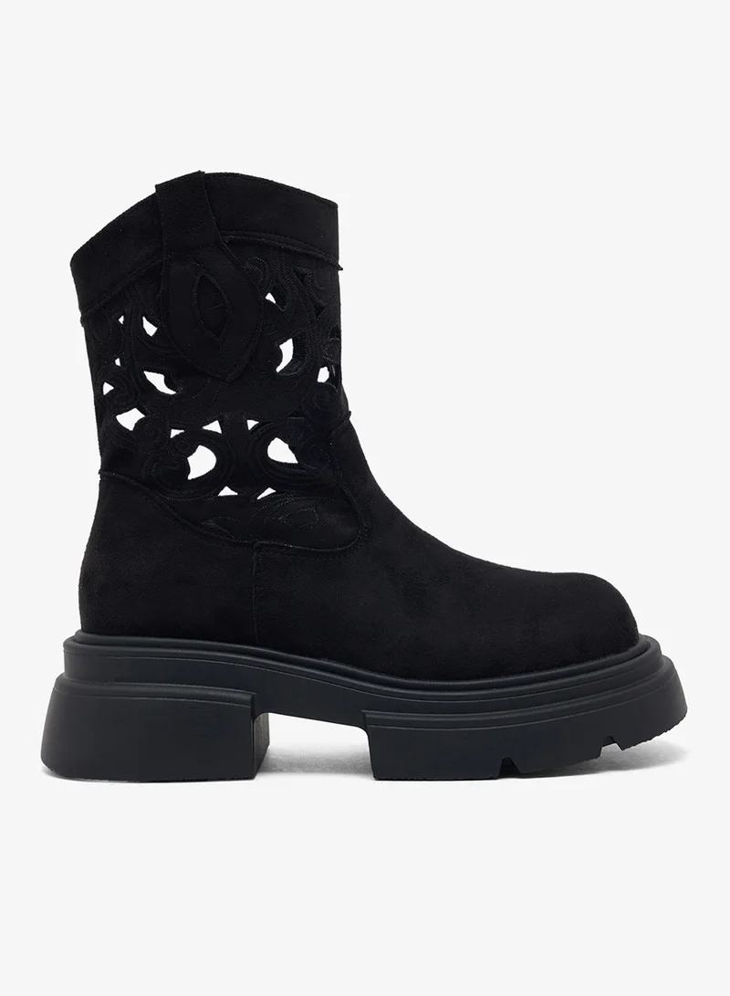 Laser Cut Block Heel Chelsea Boots Black
