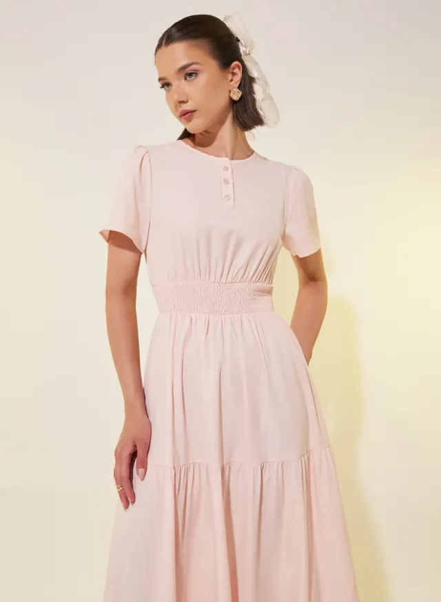 Light Pink Cotton Maxi Dress with Smocked Waist and Short Sleeves – image 3