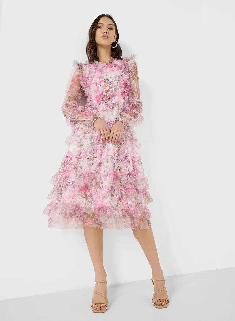 Floral Ruffle Midi Dress Pale Rose