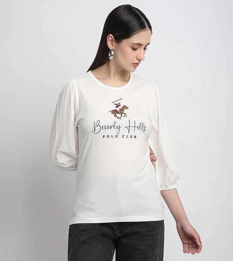 Logo Print Puff Sleeve Top Beige