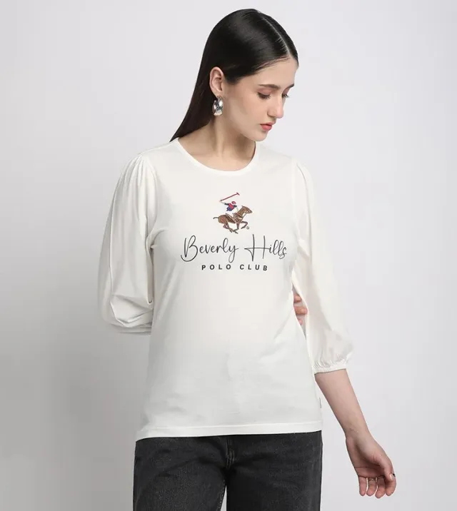 Logo Print Puff Sleeve Top Beige