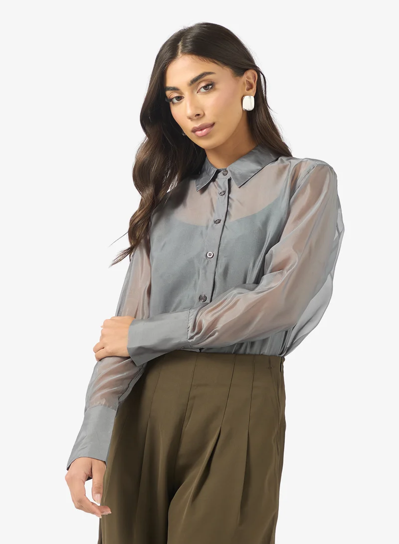 Sheer Organza Long Sleeve Shirt Grey