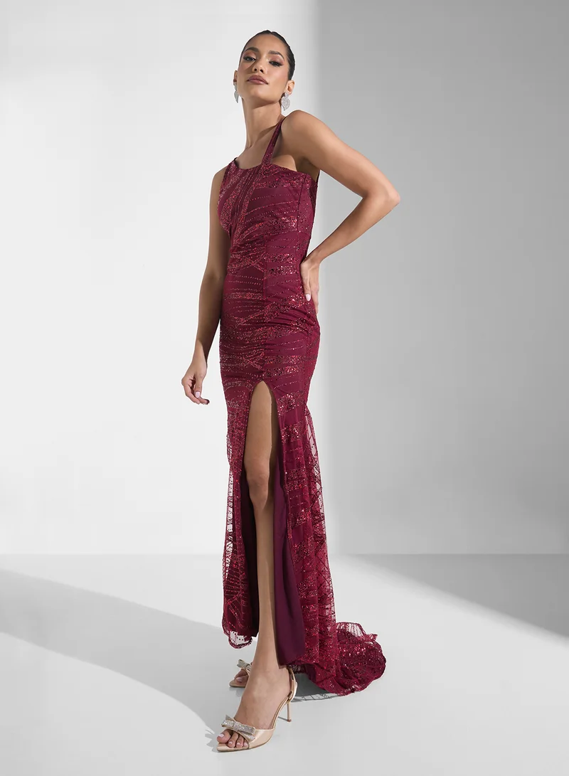Sequin Slit Formal Dress
