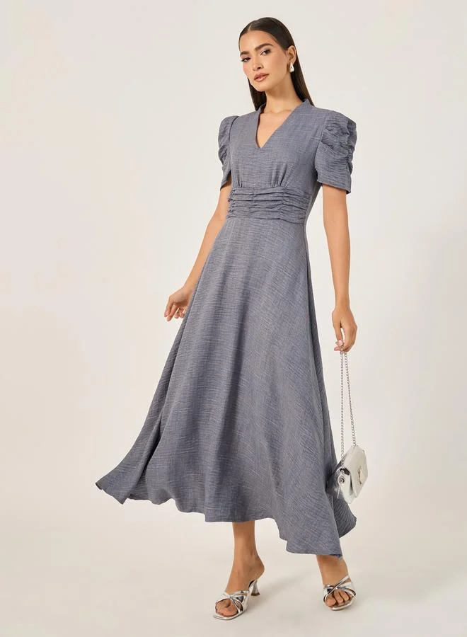 Styli Ruched Dobby A-Line Dress Gray