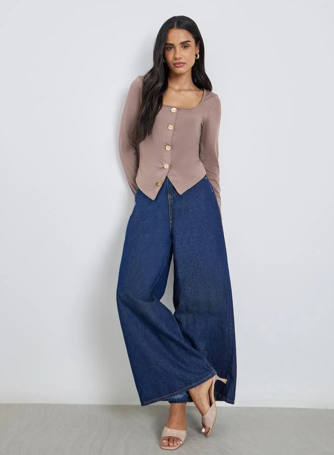 Styli Square Neck Buttoned Top Brown