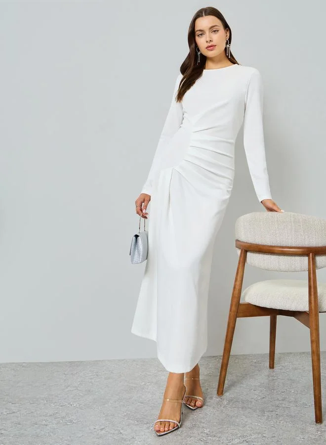 Pleated Long Sleeve Maxi Dress White