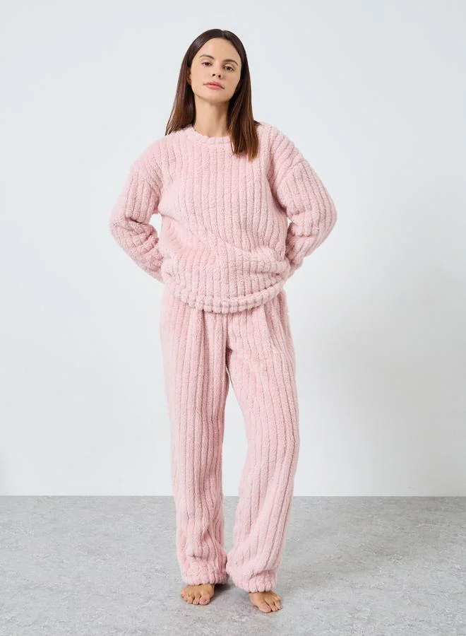 Chunky Rib Fleece Drop Shoulder Top and Pyjama Set