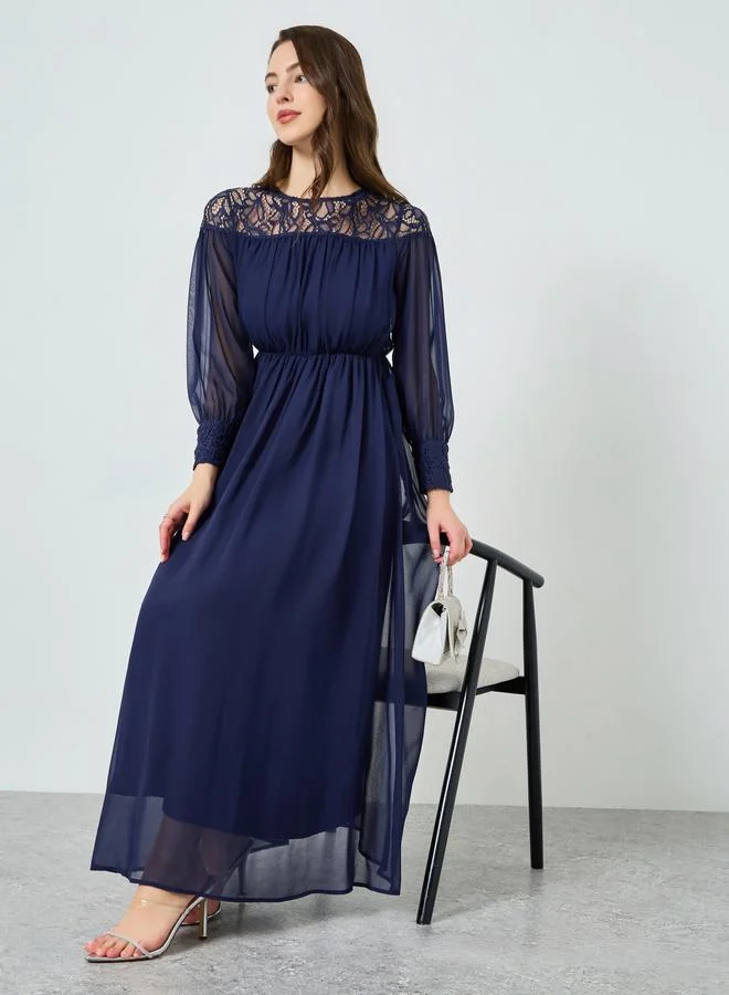Women's Lace Insert A-Line Maxi Dress Deep Navy Blue