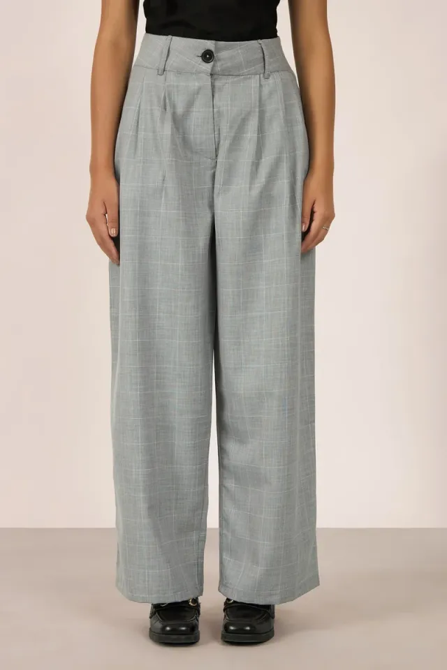 Women's Grey Plaid Wide Leg High-Rise Full-Length Trousers – image 4