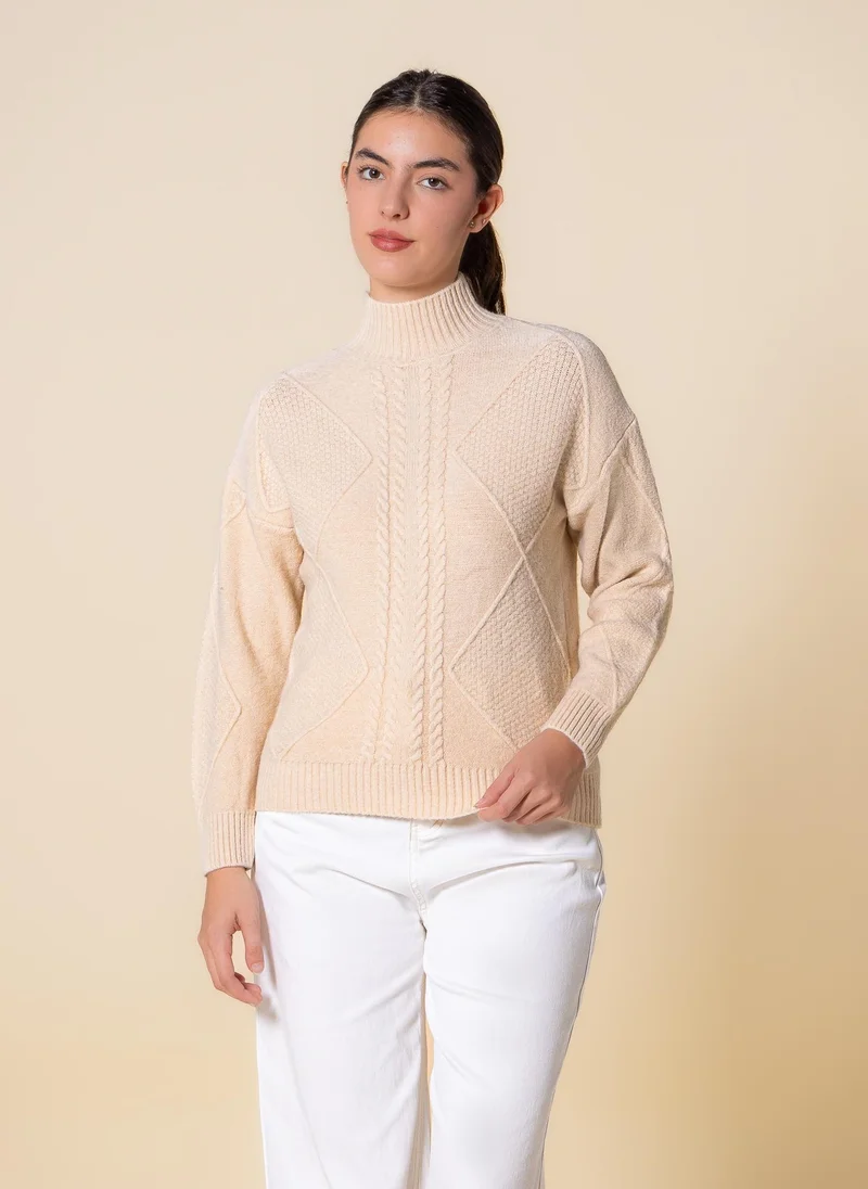 High Neck Cable Knit Sweater Beige