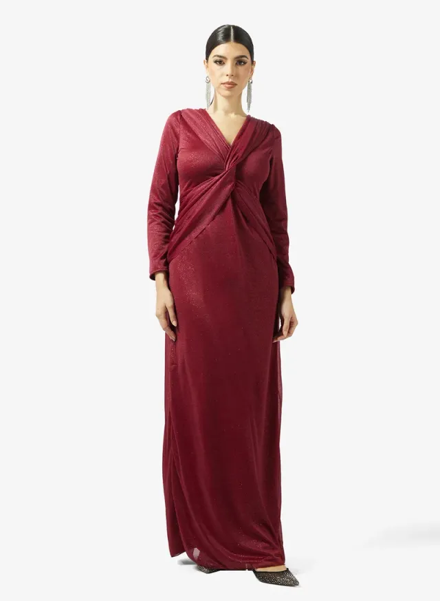 Burgundy Textured Maxi Wrap Dress with Long Sleeves and V Neck – image 4