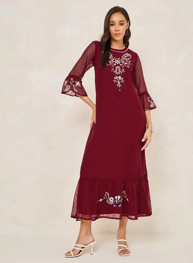 Embroidered Midi Dress Burgundy