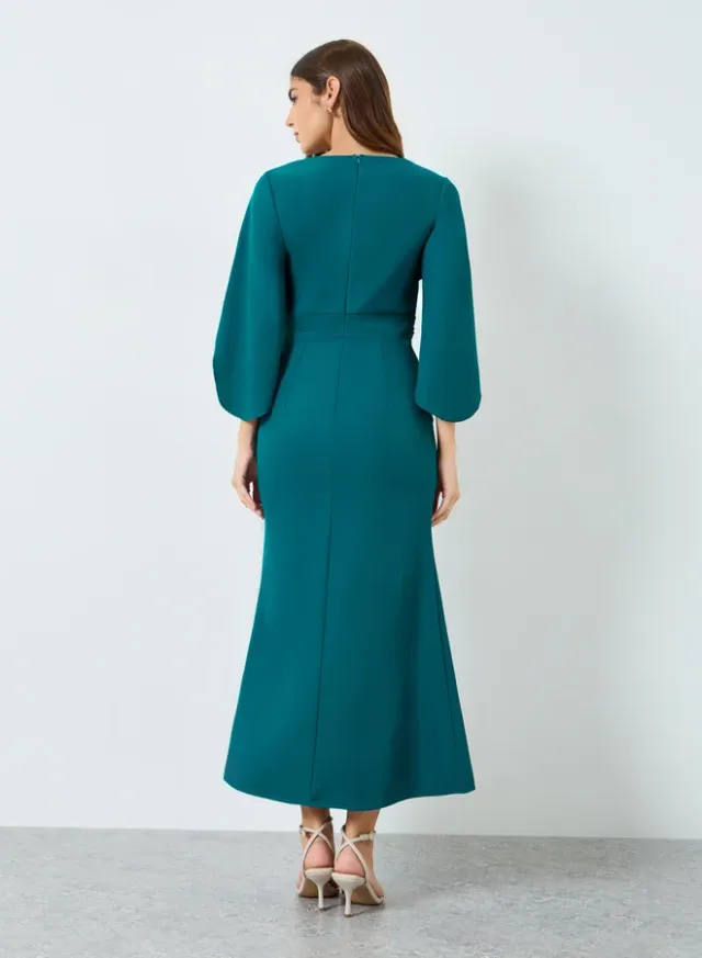 Flared Sleeve A-Line Maxi Dress Blue – image 3