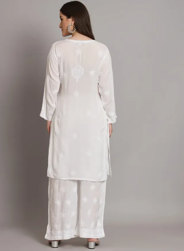 Women's White Modal Chikankari Embroidered Kurta Set – image 3