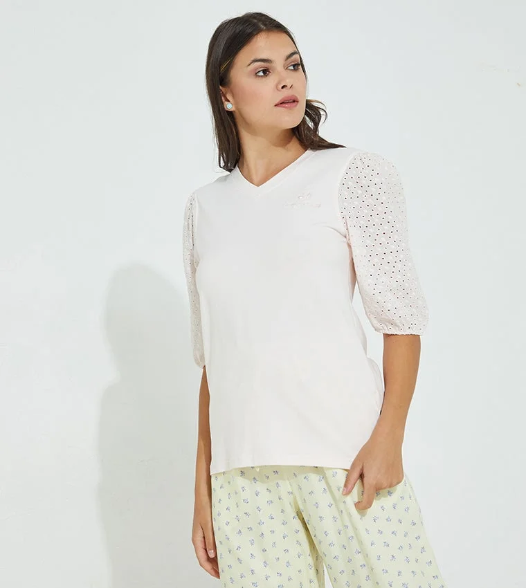 Brode Sleeve Casual Top Beige