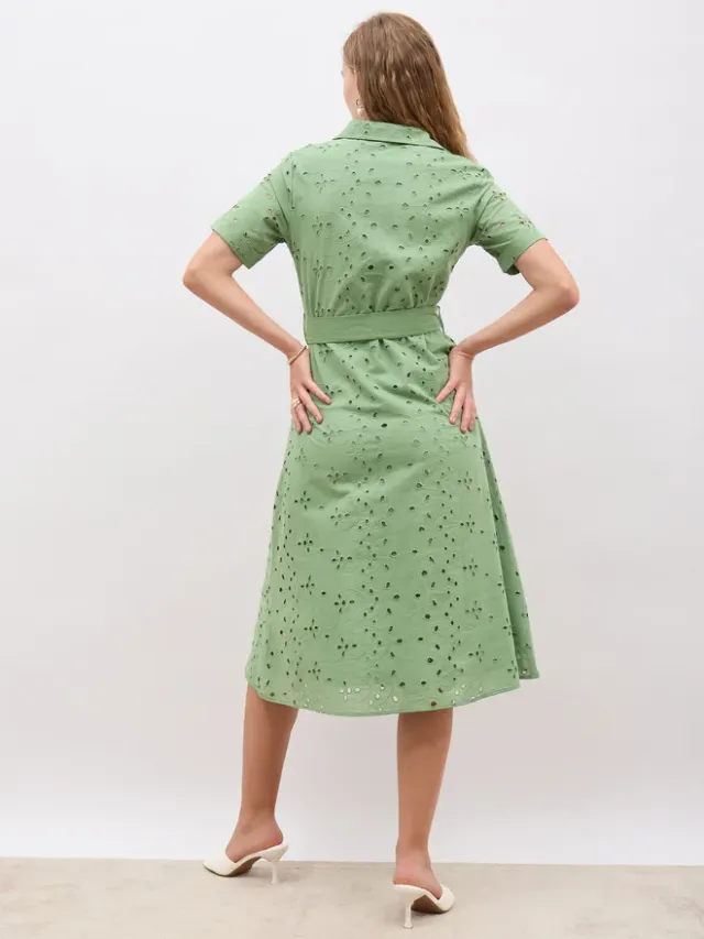 Styli Schiffli Belted Shirt Midi Dress – image 5