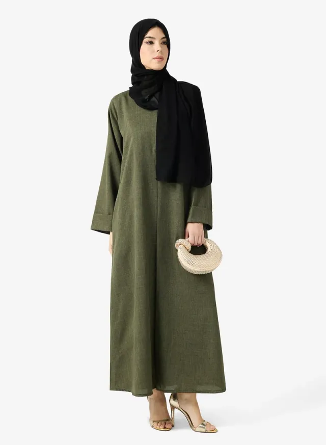 Olive Green Asymmetric Open Front Abaya with V-Neck and Long Sleeves – image 3
