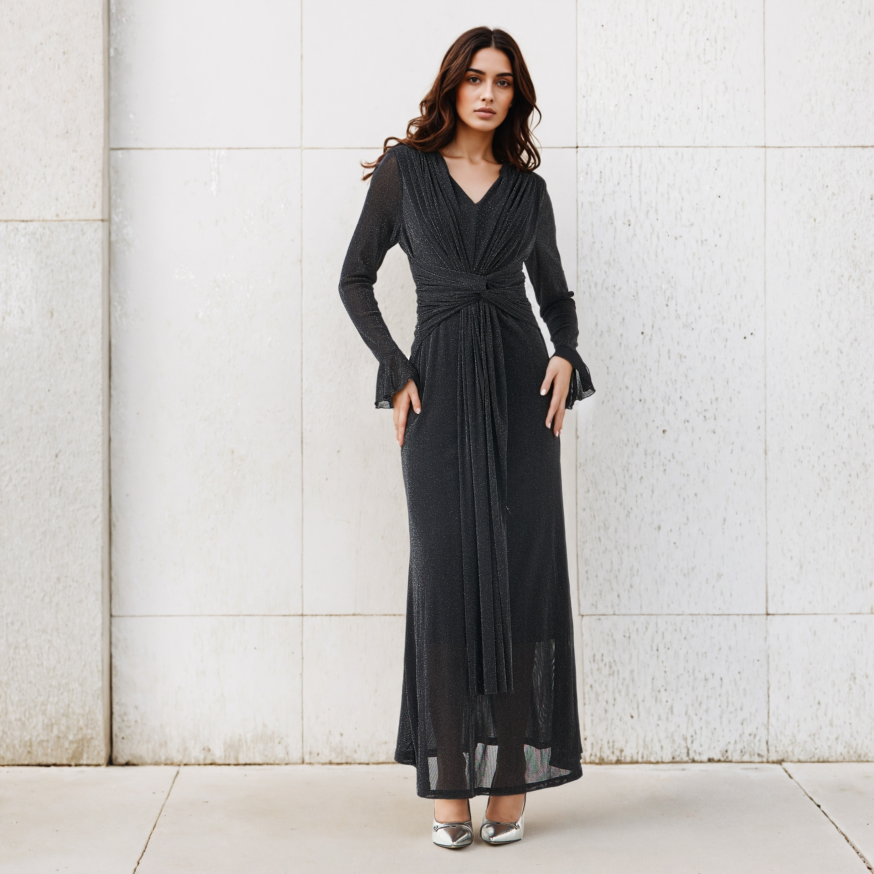 2Xtremz Lurex Bell Sleeve Maxi Dress Black