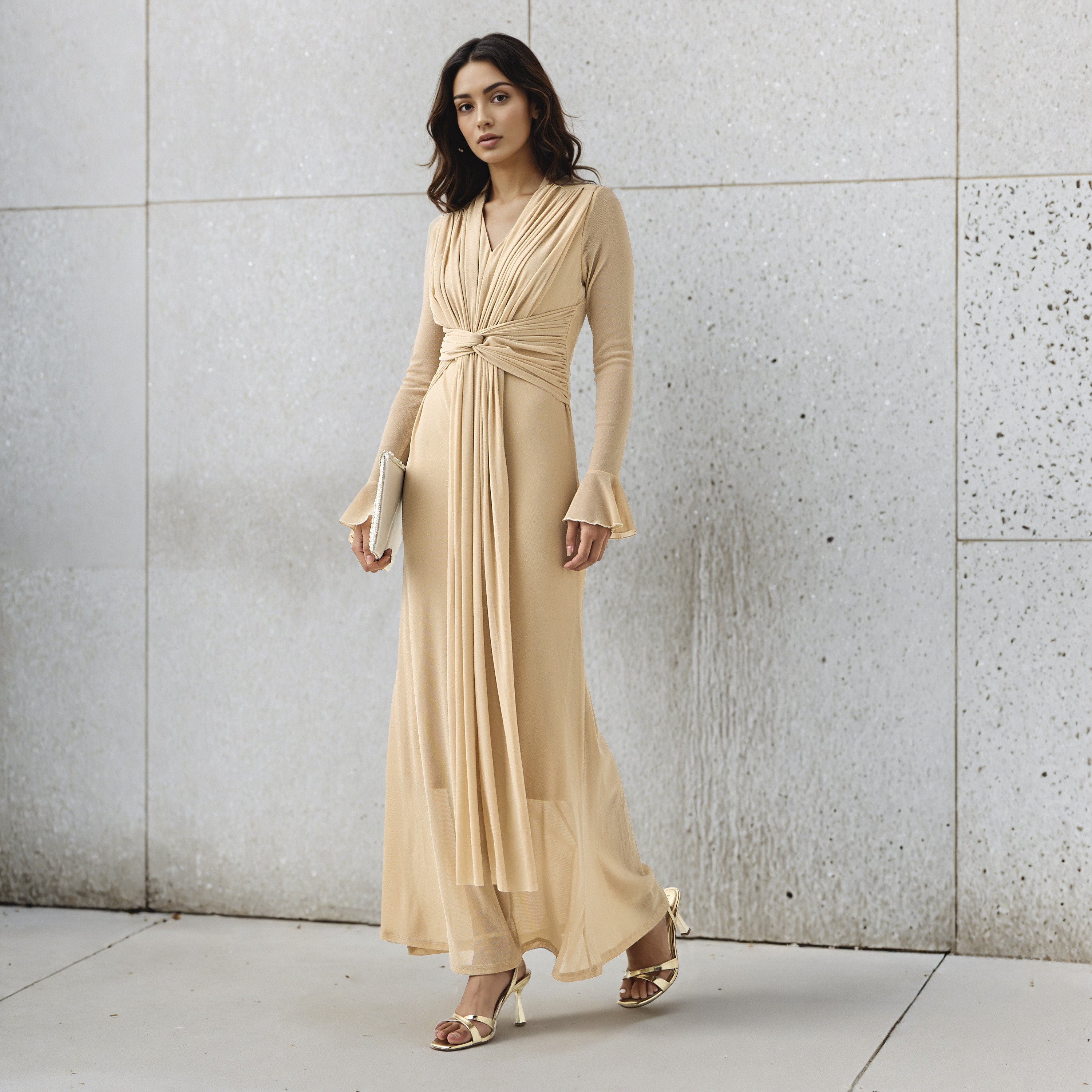 2Xtremz Lurex Accent Bell Sleeve Maxi Dress Beige