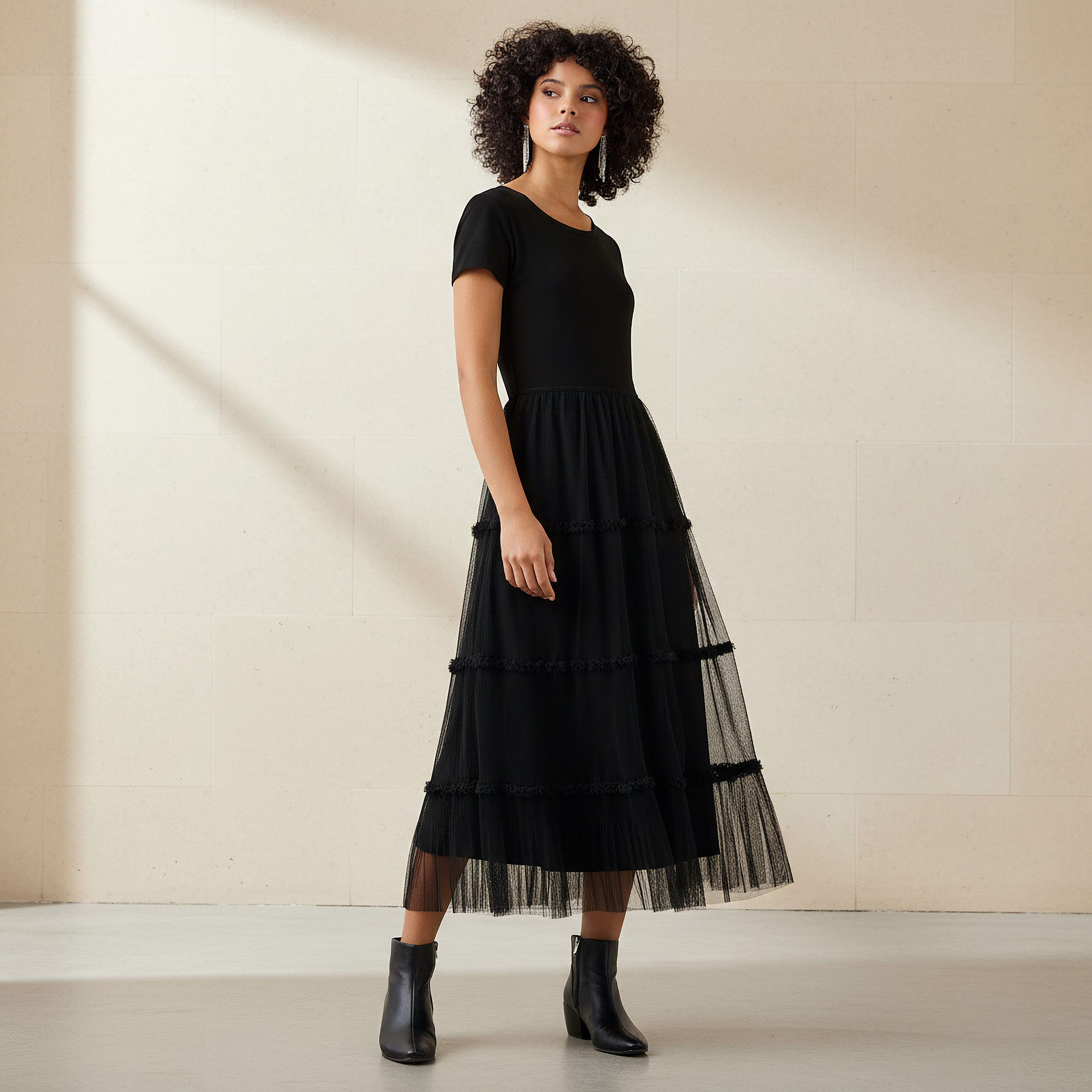 2Xtremz Ruffle Trim A-line Midi Dress Black