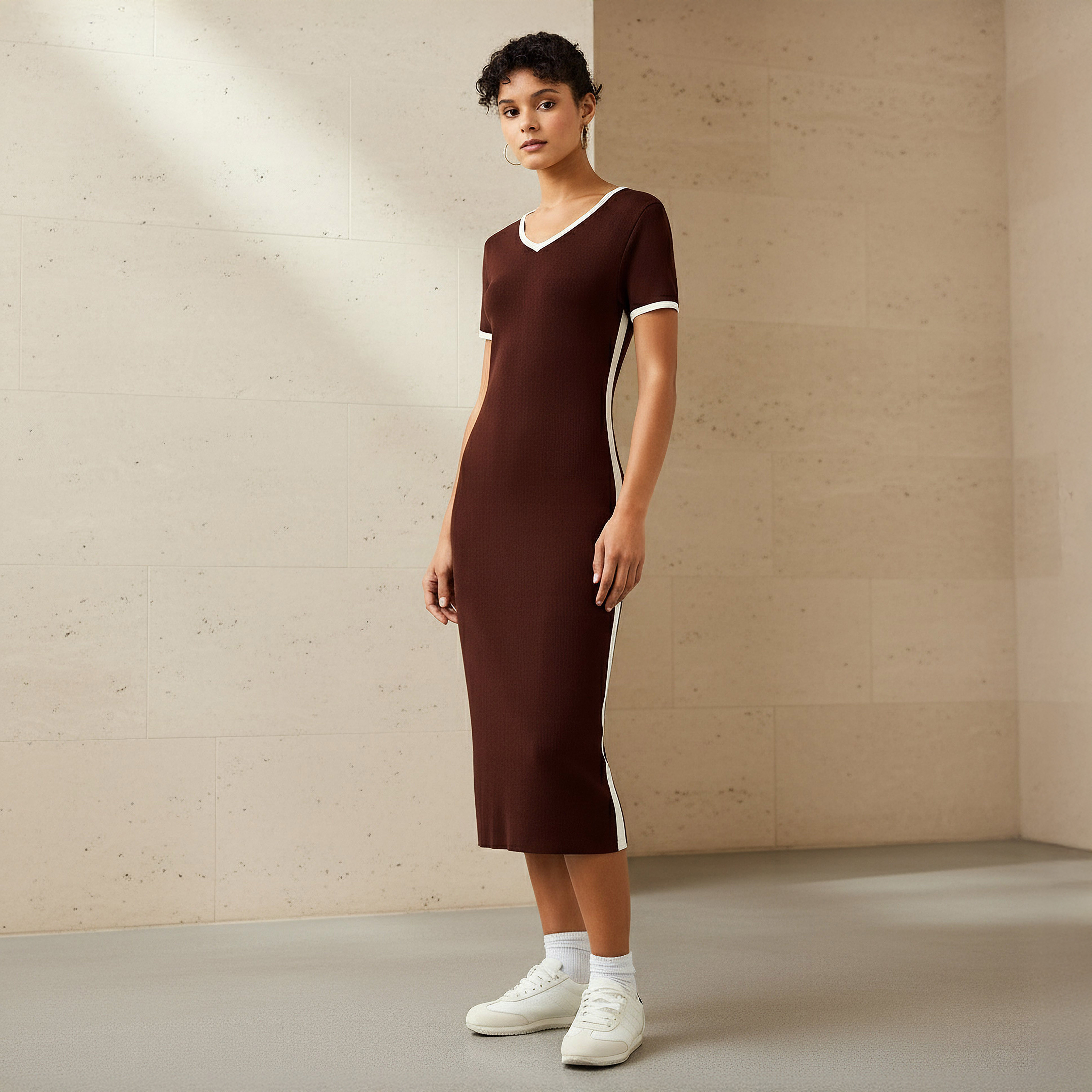 2Xtremz Trim Design Bodycon Midi Dress Brown