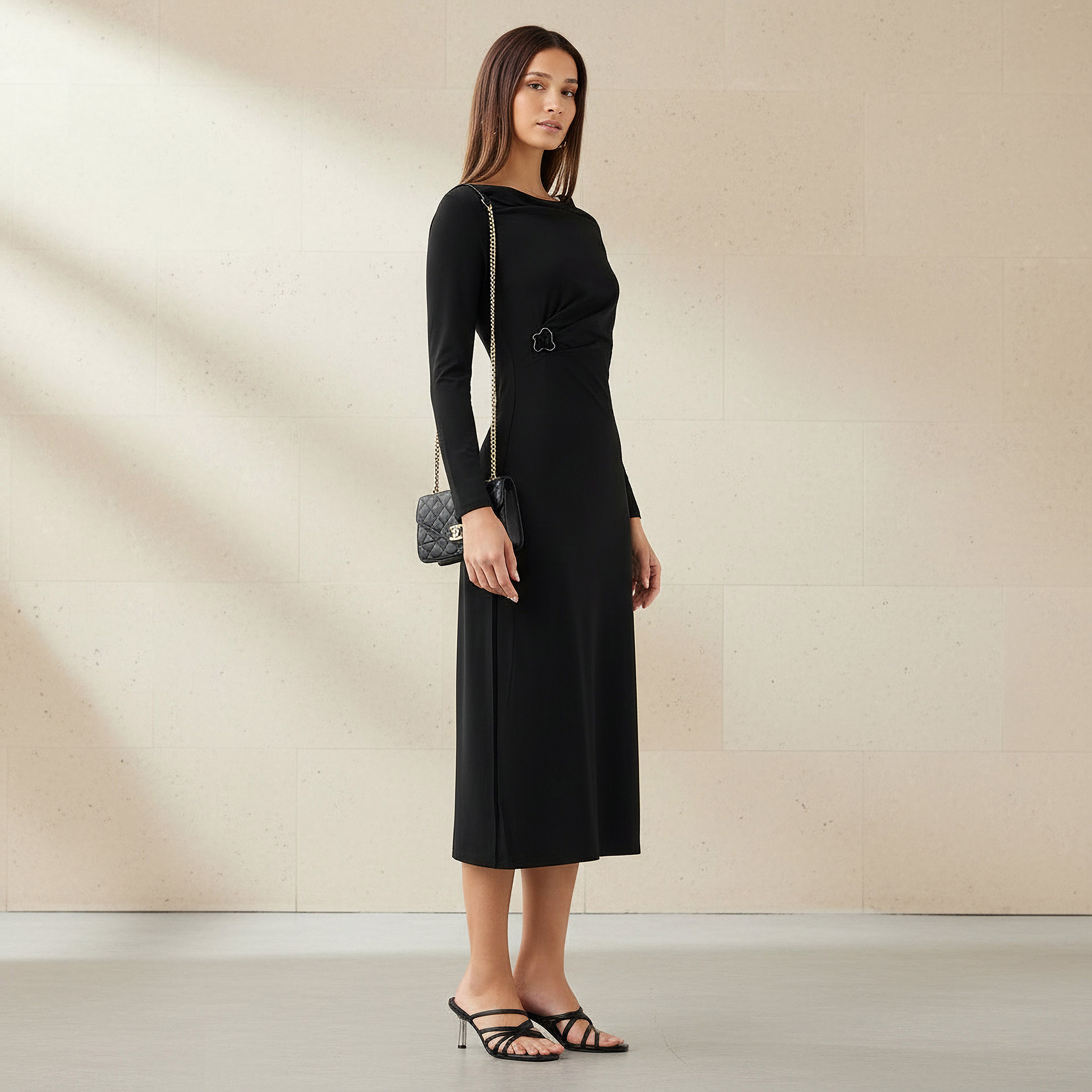 2Xtremz Cowl Neck A-Line Midi Dress Black