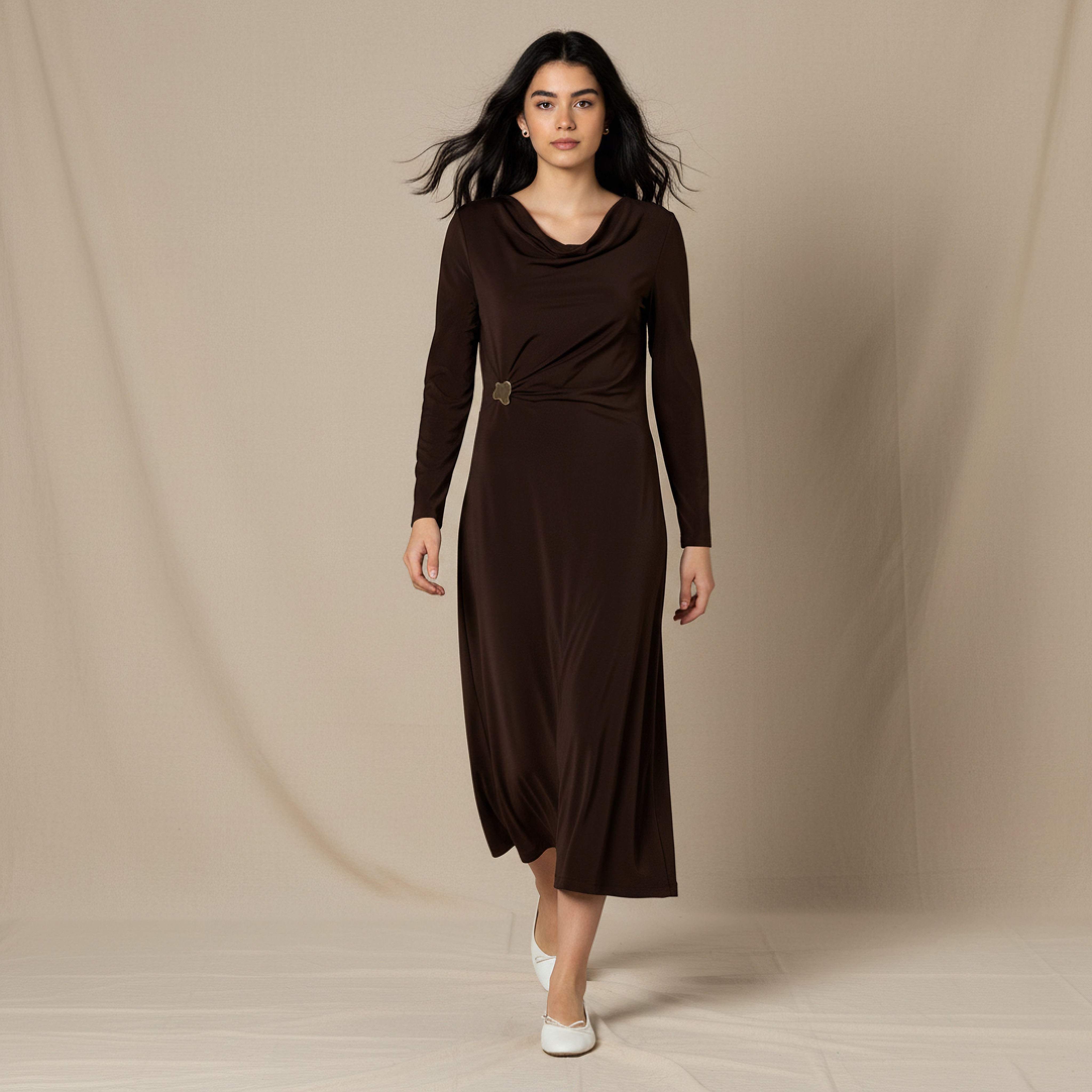 2Xtremz Cowl Neck A-line Midi Dress Brown