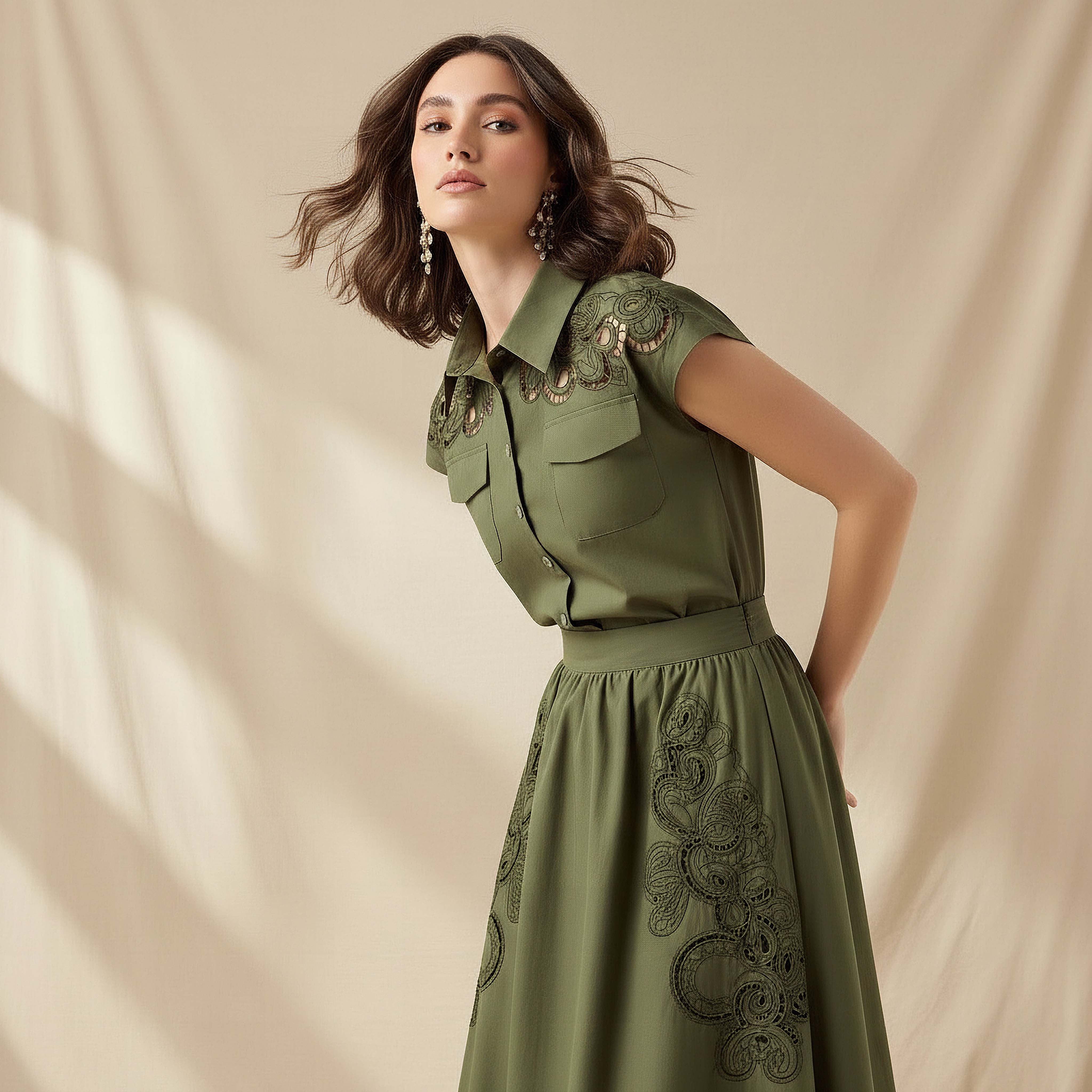 2Xtremz Lace Embroidery Cotton Shirt Green