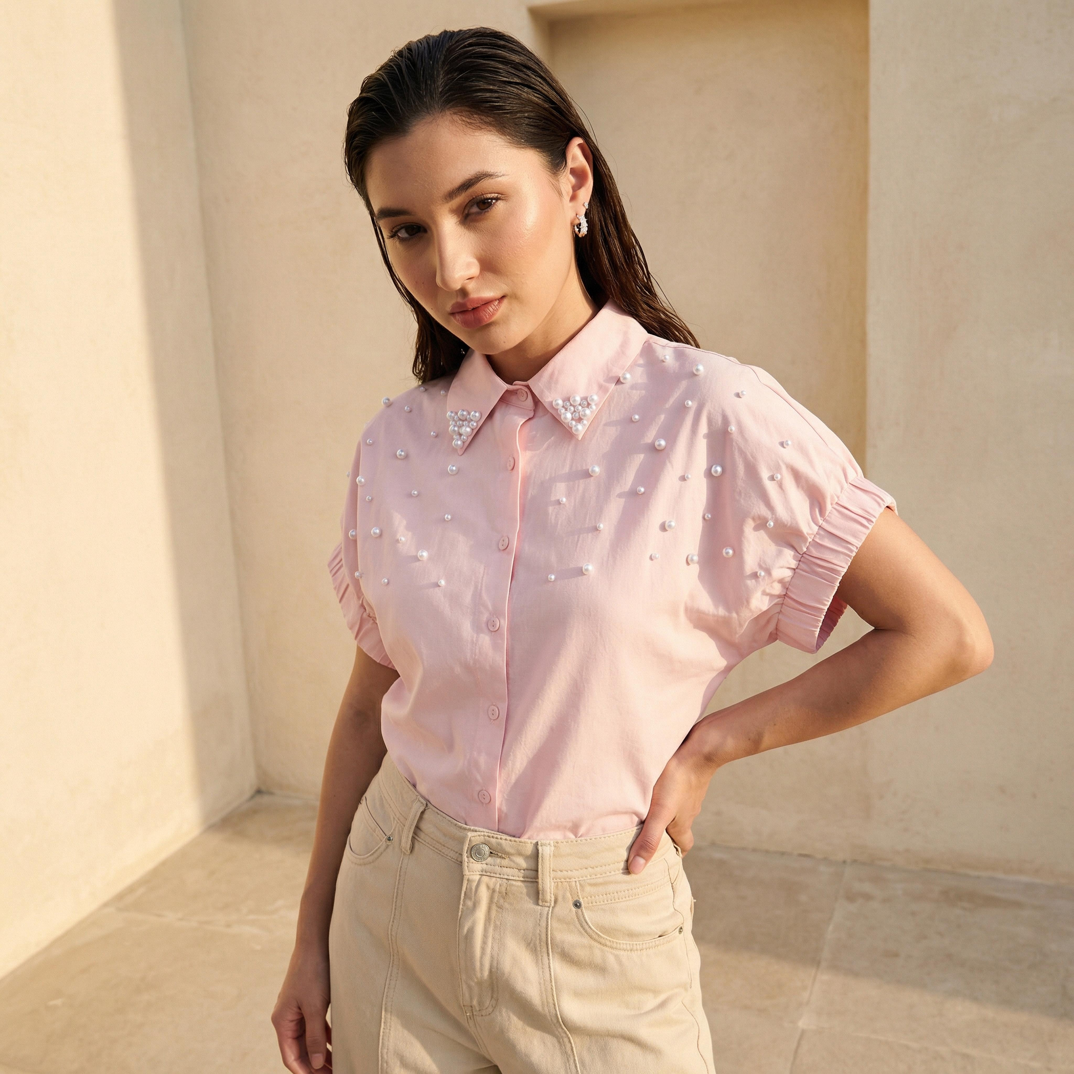 Pearl Embellished Cotton Shirt Pink