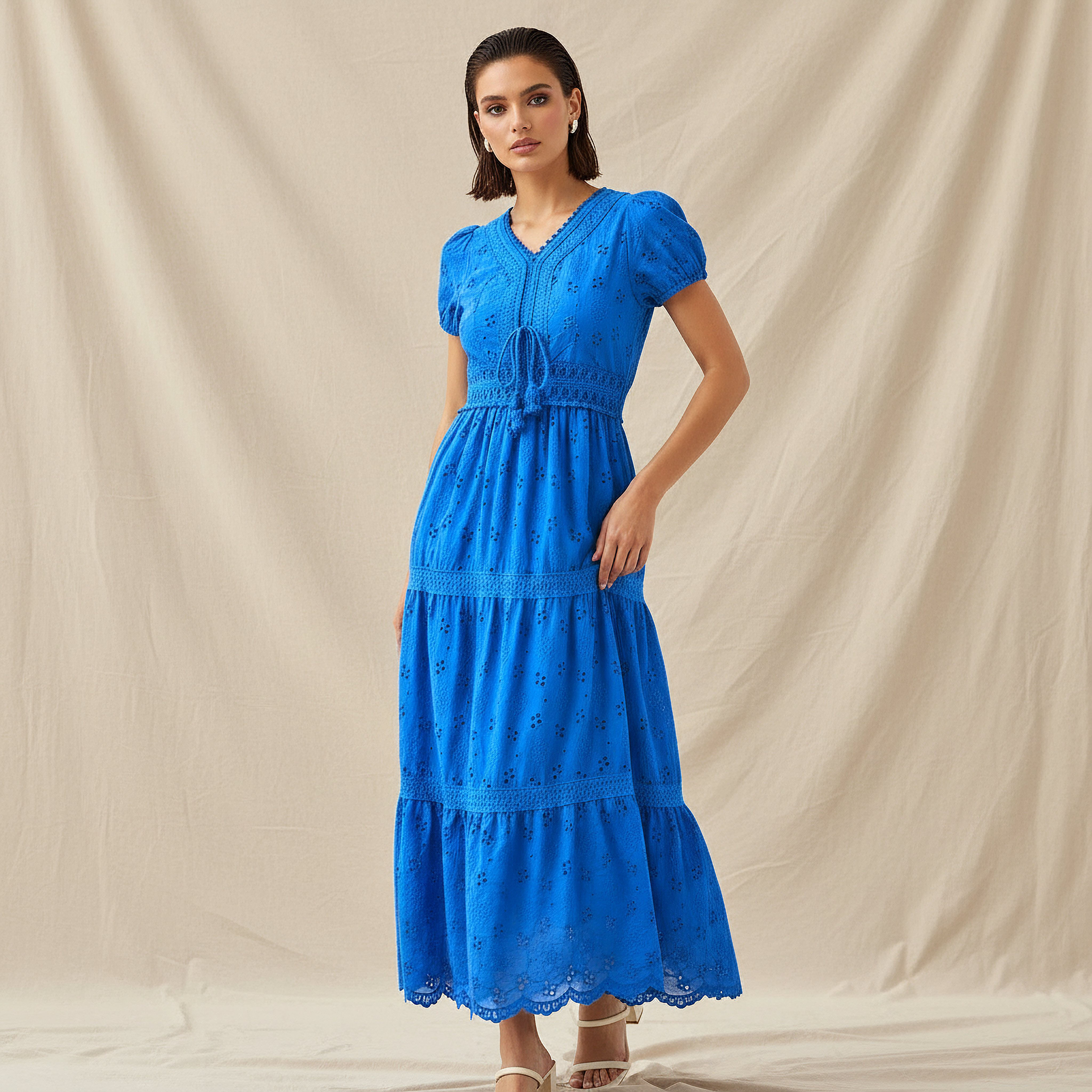 Schiffli Embroidery Cotton Tiered Midi Dress Blue