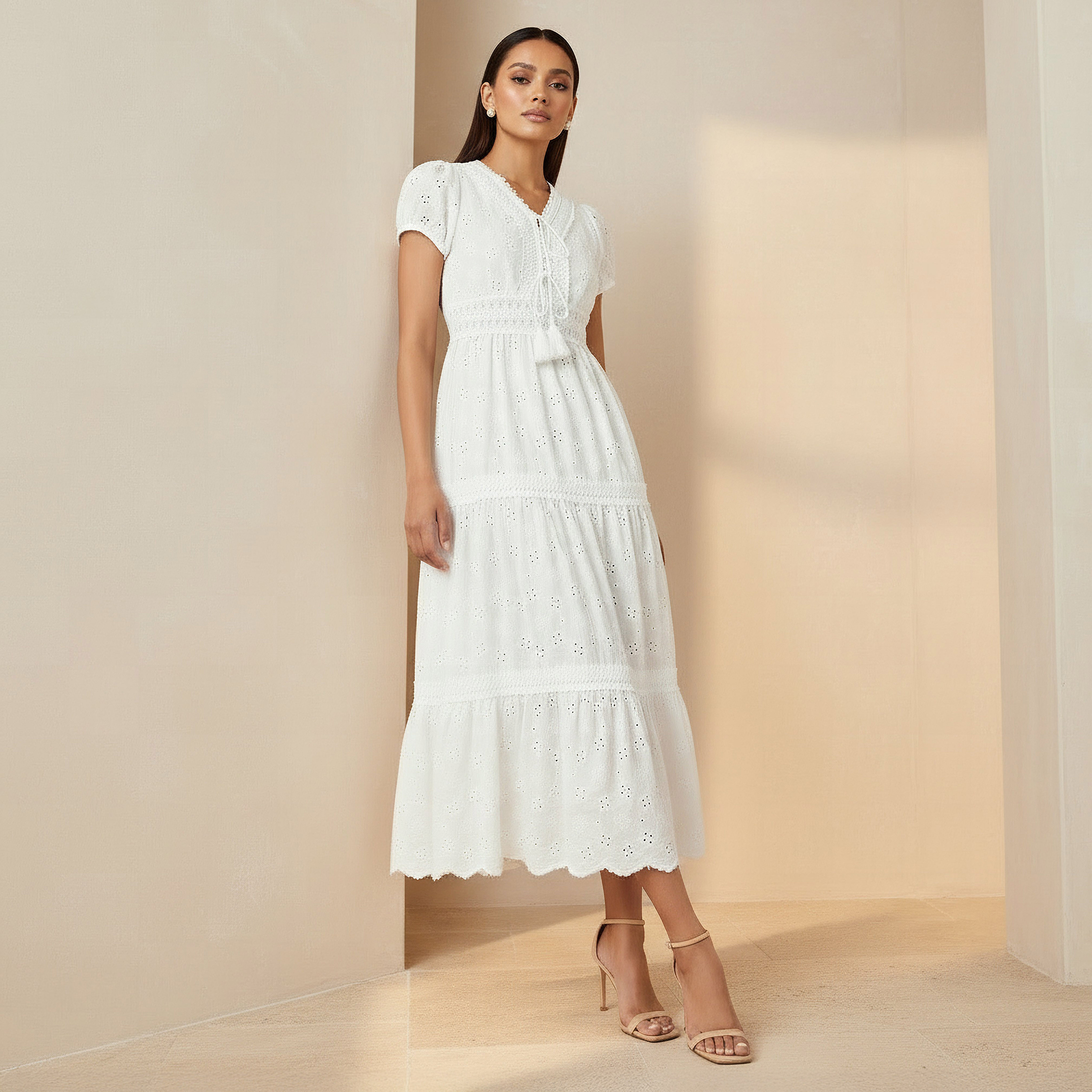 2Xtremz Schiffli Cotton Tiered Midi Dress White