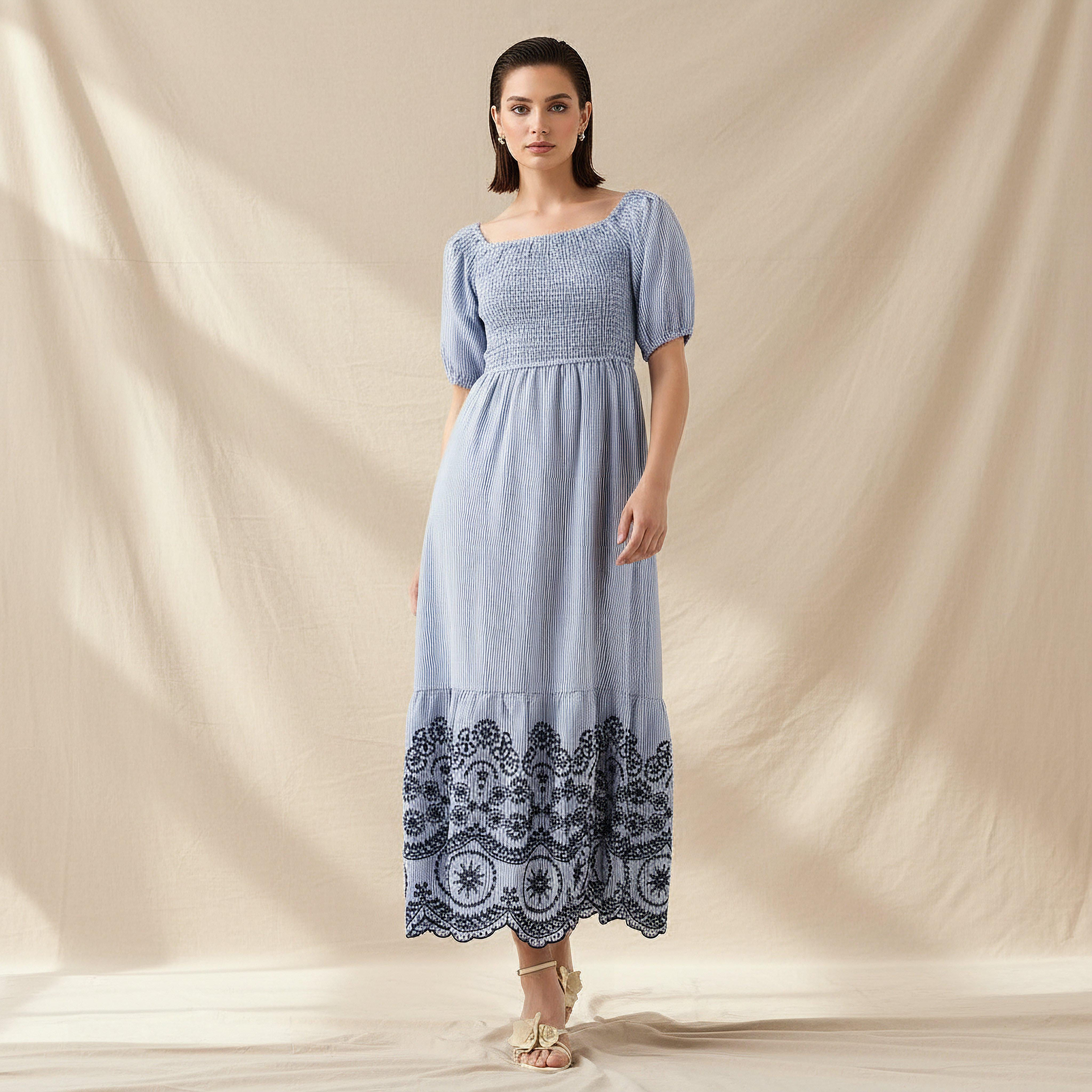 2Xtremz Smocked Embroidered Midi Dress Blue