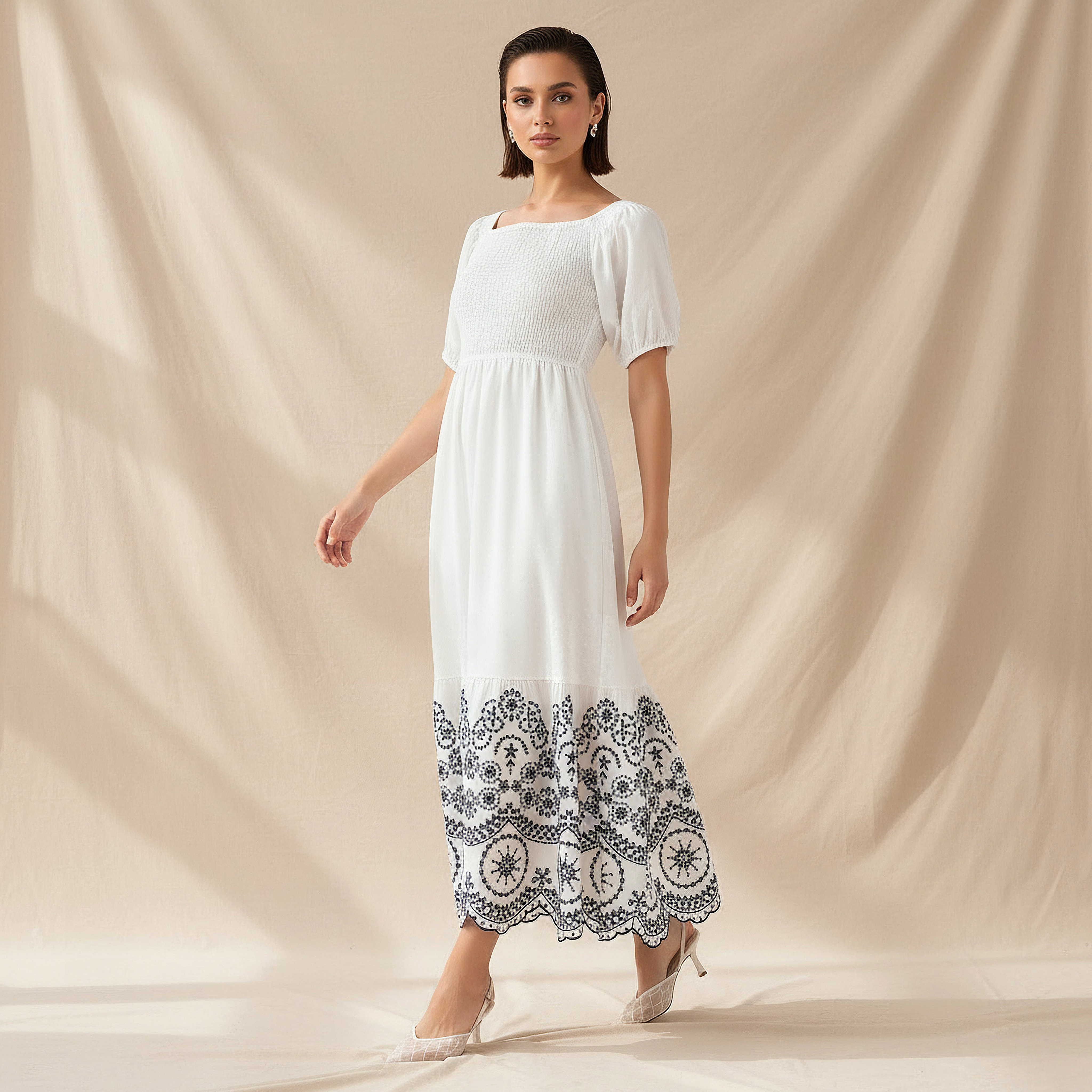Smocked Embroidered Hem Midi Dress White