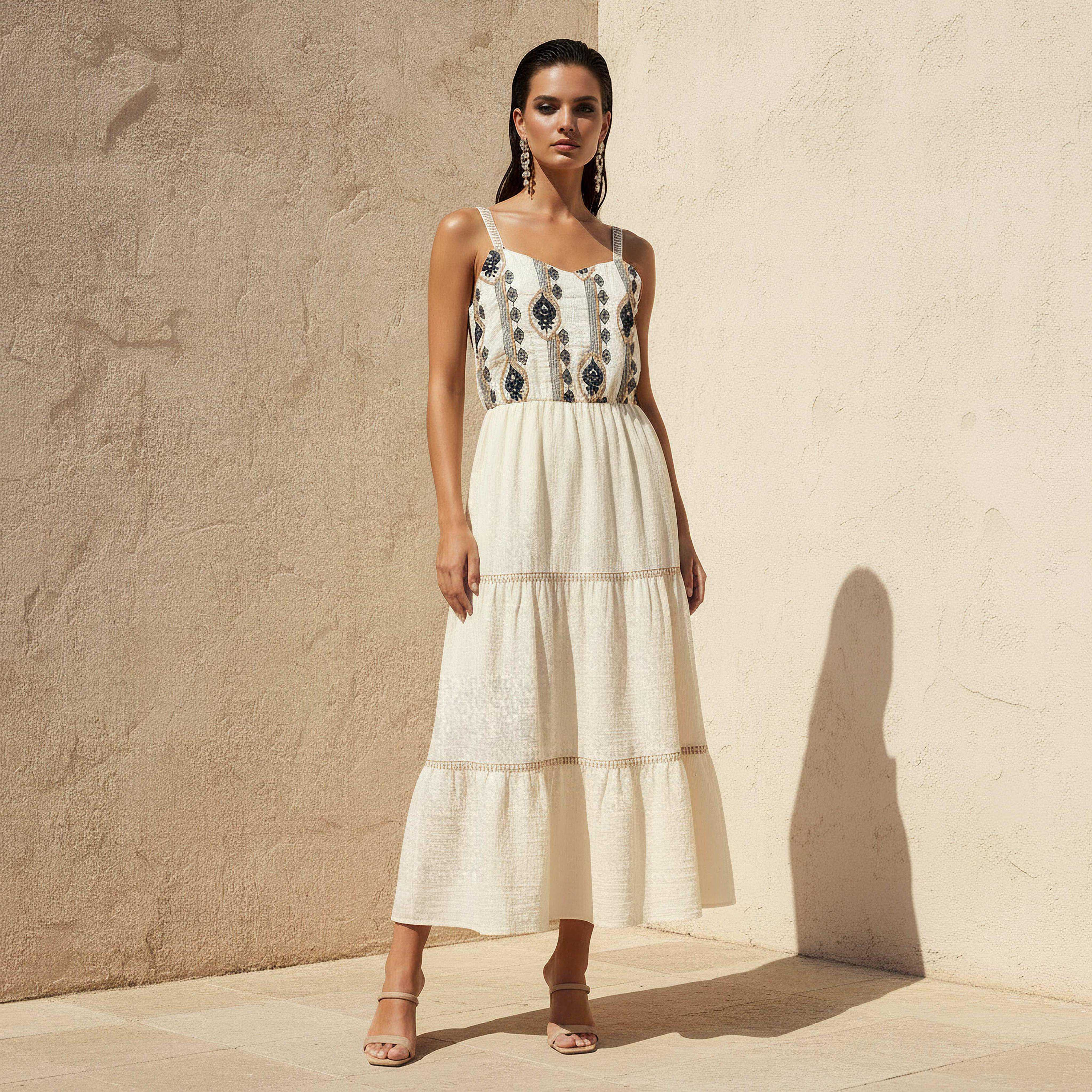 2Xtremz Embroidered Tiered Strappy Midi Dress Cream