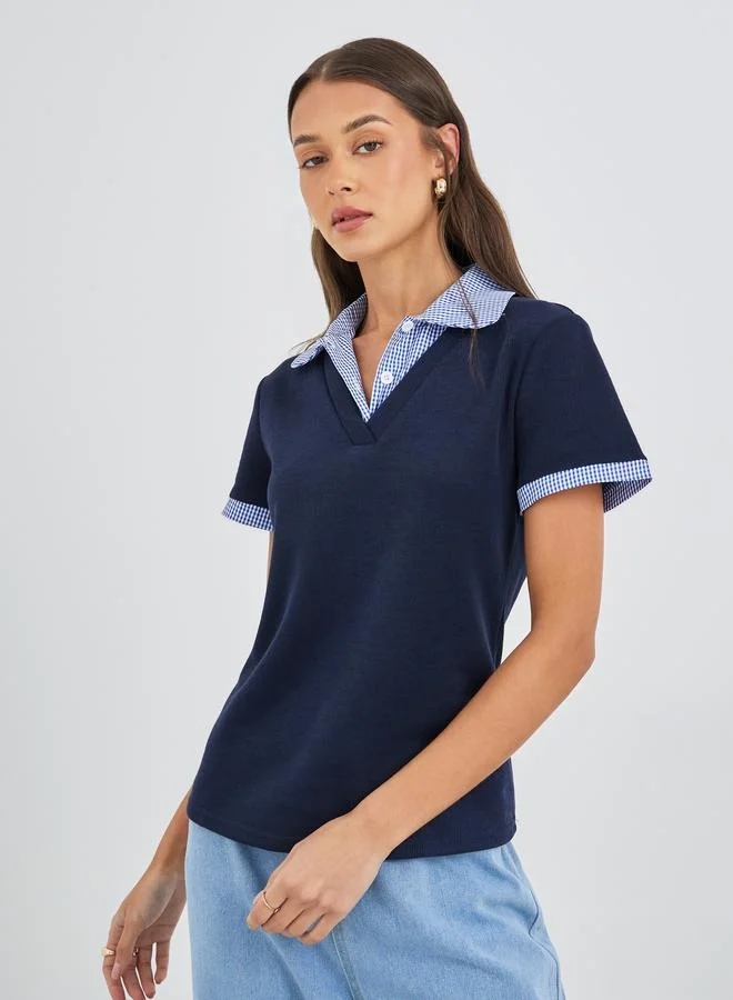 Gingham Collar Knit Short Sleeve Top Deep Blue