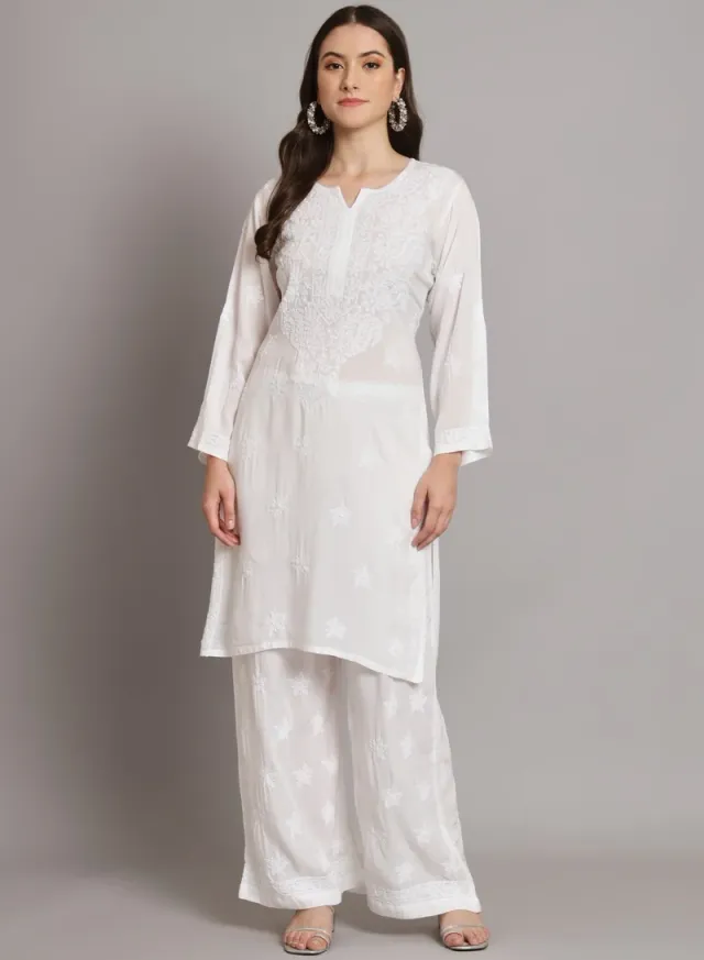 Women's White Modal Chikankari Embroidered Kurta Set – image 2