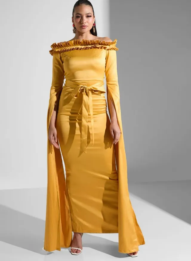 Mustard Yellow Off-Shoulder Maxi Dress with Cinched Waist and Long Sleeves – image 4