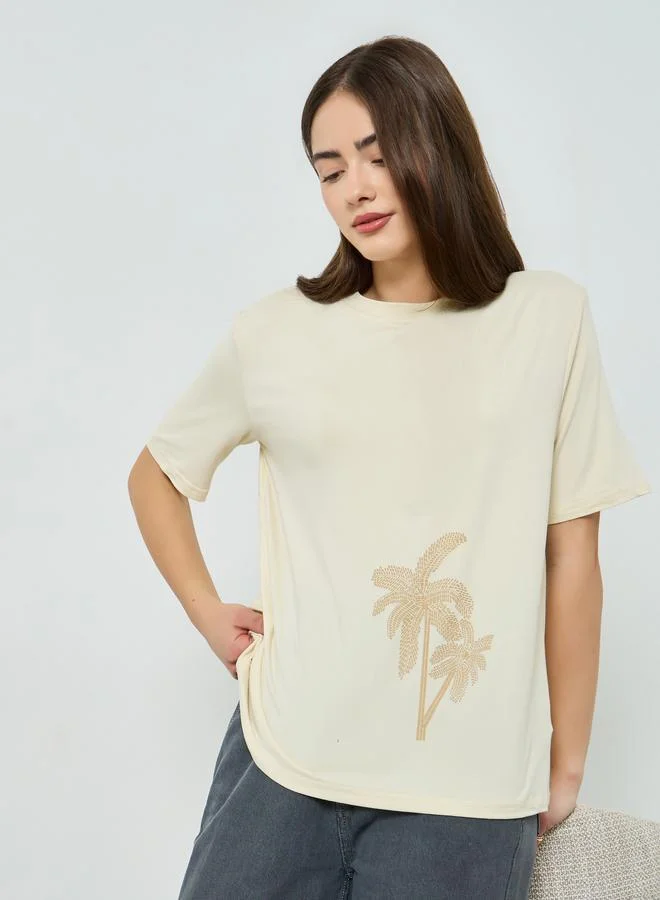 Palm Tree Graphic Oversized T-Shirt Beige