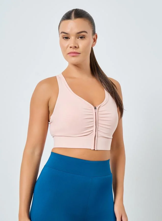 Zip Up Peep Front Racerback Medium Support Sports Bra Pink
