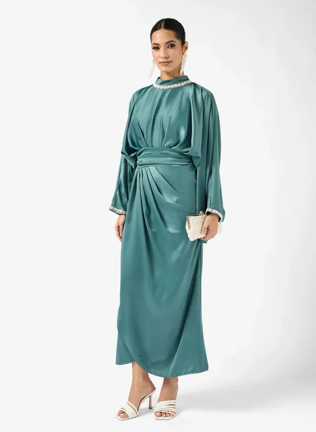 Teal Maxi Wrap Dress with Draped Detail and Embellished Neckline – image 4