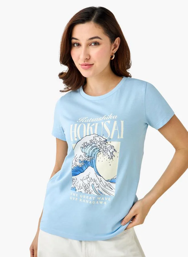 تيشيرت قطني بطبعة رسومية Katsushika Hokusai أزرق