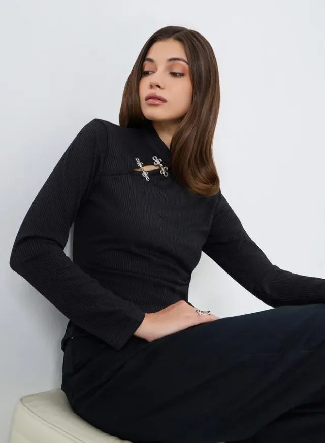 Mandarin Collar Knit Top Black – image 5