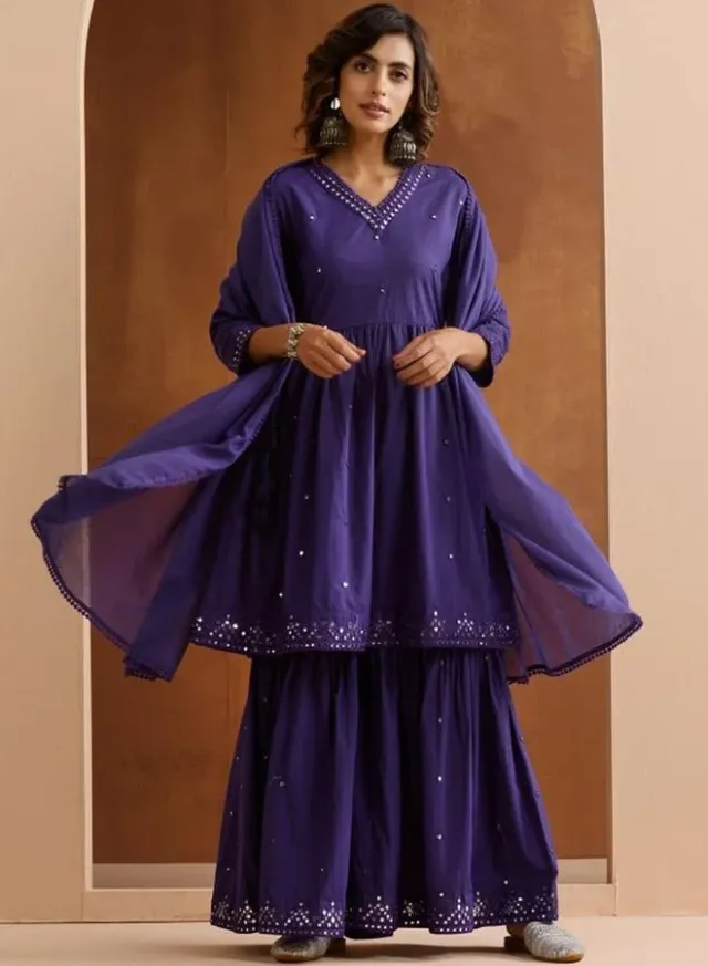 Ishin Women's Deep Violet Cotton Embellished Tunic Top & Palazzo Set – image 2
