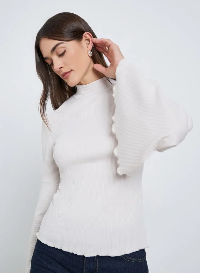 Styli Ribbed Knit Flared Sleeve Top Beige